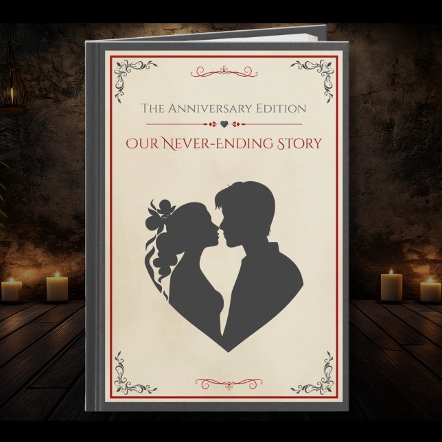 Makehus Saga Kärlekshistoria Jubileumkort Kort (Romantic storybook husband anniversary card featuring vintage couple silhouette and book theme)