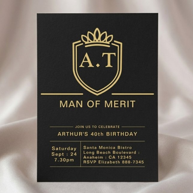 Makehusbands 40-årsdag Svart Guld Fest Inbjudningar (40th birthday invite on cloth background.)