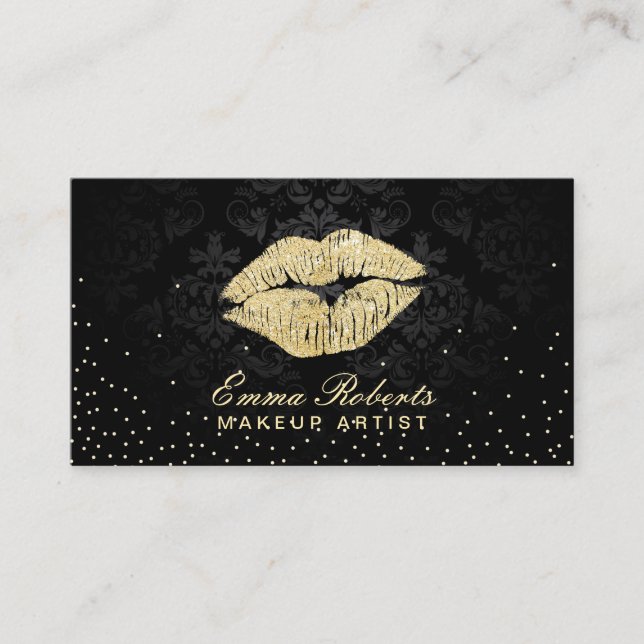 Makeup Artist Beauty Salon Guld Kiss Black Damask Visitkort (Framsida)