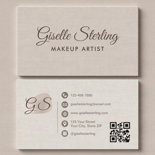 Makeup Artist Beige Linen Modern Elegant QR Code Visitkort (Skapare uppladdad)