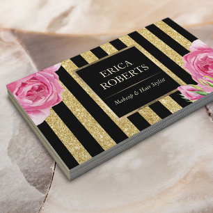 Makeup Artist Black & Guld Rand Modern Blommigt Visitkort