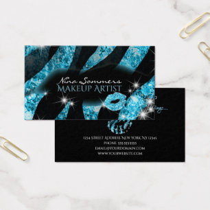 Makeup Artist Blue Black Glitter Läppar Zebra tryc Visitkort
