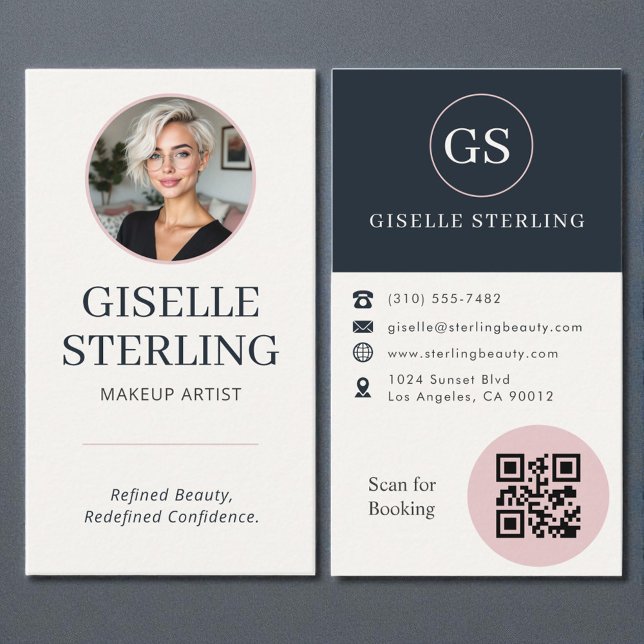 Makeup Artist Blush & Navy Photo QR Code  Visitkort (Skapare uppladdad)