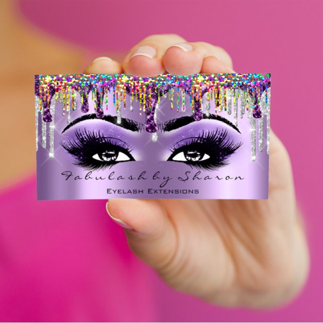 Makeup Artist Brow Eyelash Dricks Lila Holograph Visitkort (Makeup Artist Brow Eyelash Drips Purple Holograph Business Card)