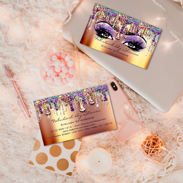 Makeup Artist Brow Eyelash Guld Drives Confetti Visitkort (Makeup Artist Brow Eyelash Gold Drips Confetti Business Card)