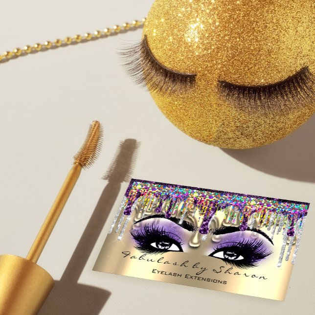 Makeup Artist Brow Eyelash Guld Violet Holograph Visitkort (Makeup Artist Brow Eyelash Gold Violet Holograph Business Card)