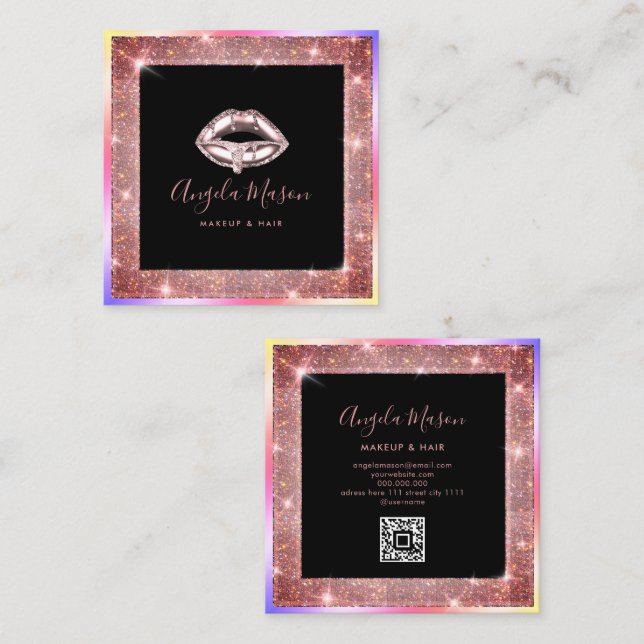 Makeup Artist Chic Salon QR-kod Unik kvadrat Buss Fyrkantigt Visitkort (Fram/baksida)