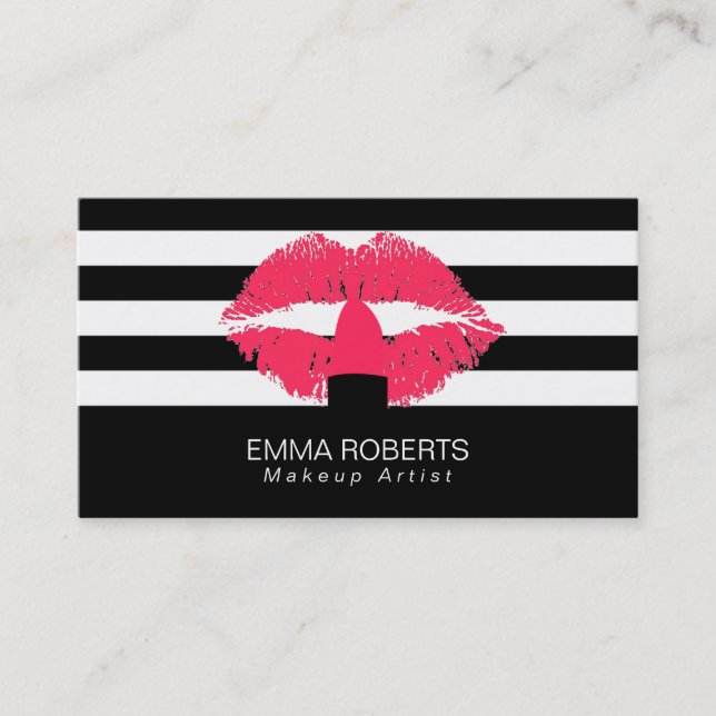 Makeup Artist Classy Black White Rand Red Läppar Visitkort (Framsida)
