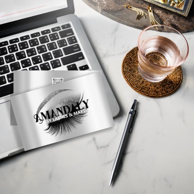 Makeup Artist Eyelash Extensions QR LOGOTYP Silver Visitkort (Makeup Artist Eyelash Extensions QR LOGO Silver Business Card)