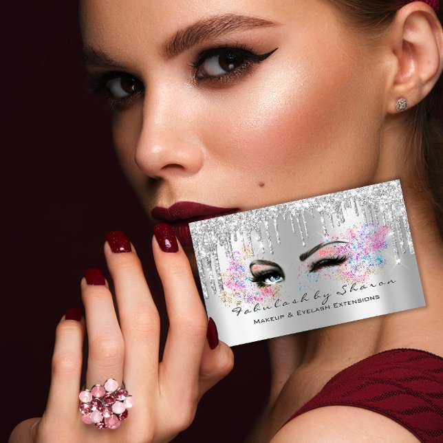 Makeup Artist Eyelash Lash Glitter Drives Silver Visitkort (Makeup Artist Eyelash Lashes Glitter Drips Silver Business Card)