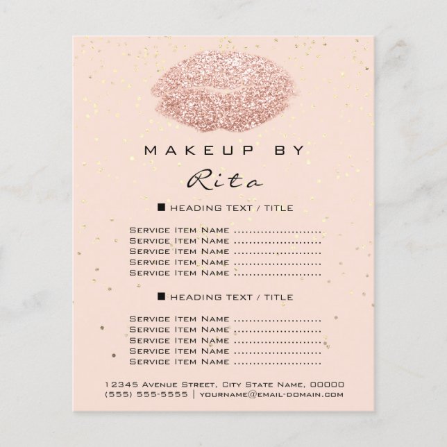 Makeup Artist Glitter Guld confetti Pris List Lip Flygblad (Framsidan)