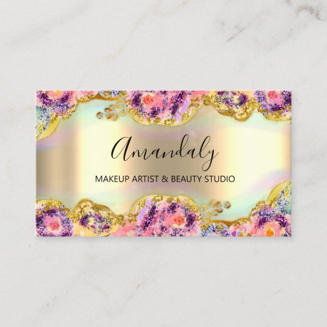 Makeup Artist Glitter Guld Wand Blommigt Visitkort (Framsida)