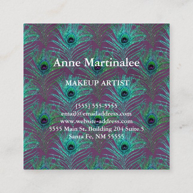 Makeup Artist Glitter Peacock Feader Fyrkantigt Visitkort (Baksida)