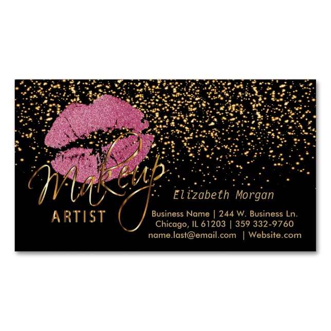 Makeup Artist - Guld Confetti & Söt Rosa Läppar Magnetiska Visitkort (Framsida)