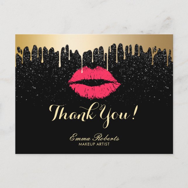 Makeup Artist Guld Drips Red Läppar Salon Tack Vykort (Framsida)