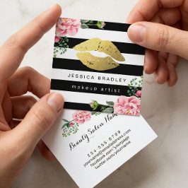Makeup Artist Guld Läppar Blommigt Black White Ran Fyrkantigt Visitkort