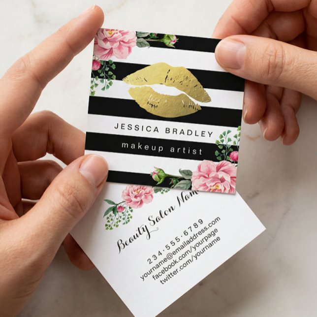 Makeup Artist Guld Läppar Blommigt Black White Ran Fyrkantigt Visitkort (Skapare uppladdad)