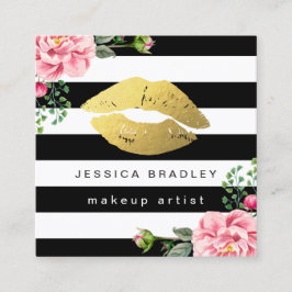 Makeup Artist Guld Läppar Blommigt Black White Ran Fyrkantigt Visitkort