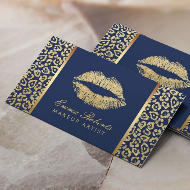 Makeup Artist Guld Läppar Luxury Leopard Navy Blue Visitkort (Skapare uppladdad)