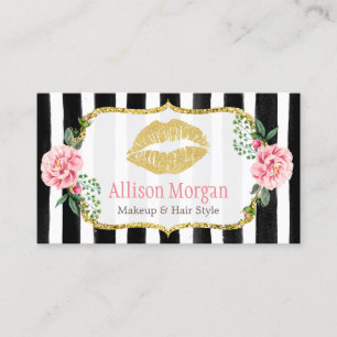 Makeup Artist Guld Läppar Romantic Blommigt Stripe Visitkort