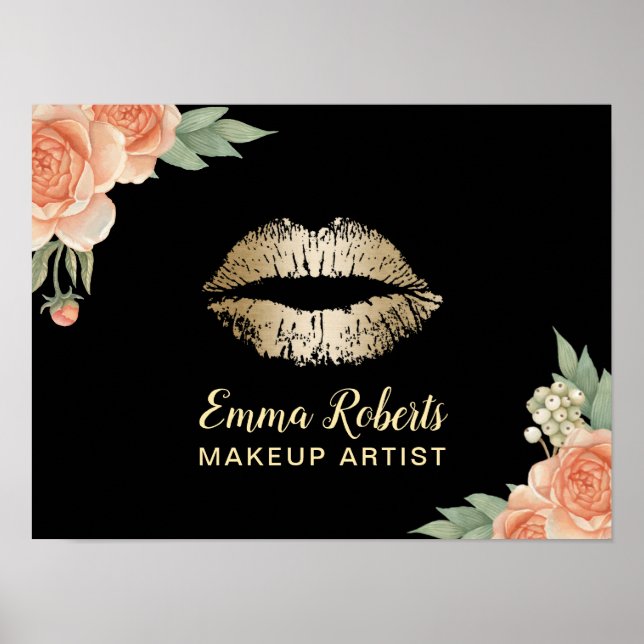 Makeup Artist Guld Läppar Vintage Blommigt Salon Poster (Framsidan)