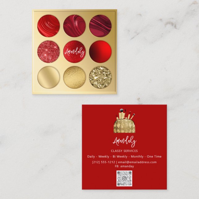 Makeup Artist Guld QRCode Logotyp Eyeshadow Red Fyrkantigt Visitkort (Fram/baksida)