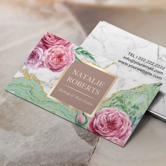 Makeup Artist Hair Salon Chic Blommigt Marble Agat Visitkort (Skapare uppladdad)