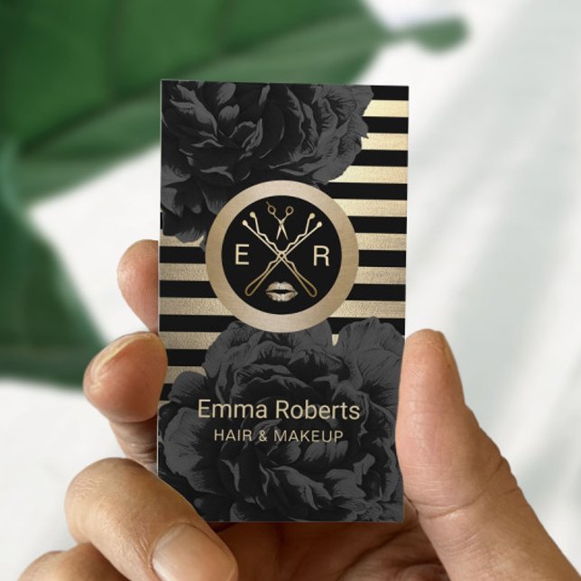 Makeup Artist Hair Stylist Black & Guld Blommigt Visitkort (Skapare uppladdad)