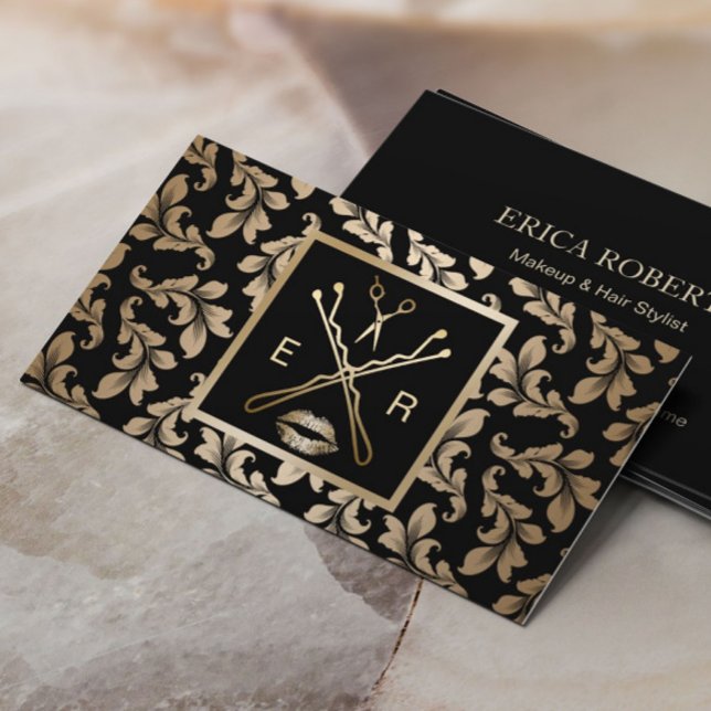 Makeup Artist Hair Stylist Luxury Guld Damask Visitkort (Skapare uppladdad)