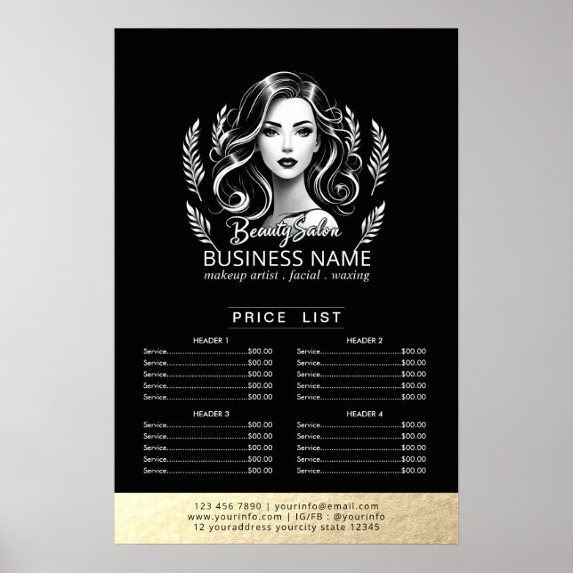 Makeup Artist Hair Stylist Modern Black Pris List Poster (Framsidan)