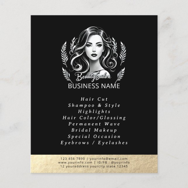 Makeup Artist Hair Stylist Modern Black White Guld Flygblad (Framsidan)