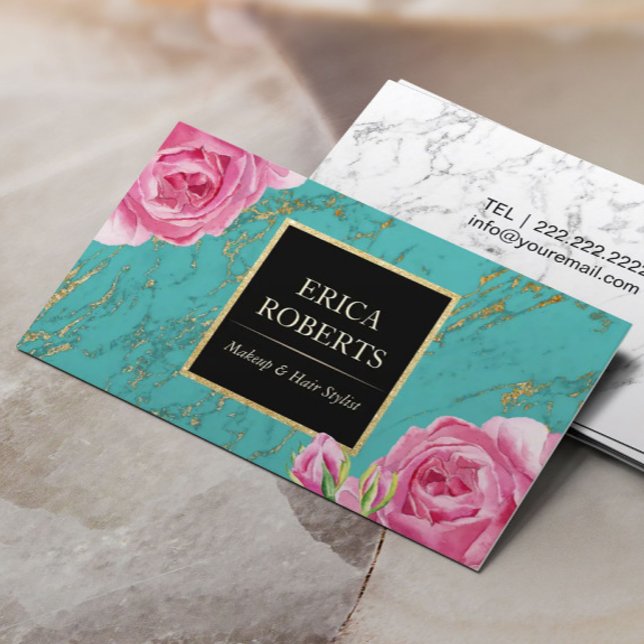 Makeup Artist Hair Stylist Modern Blommigt Teal Gu Visitkort (Skapare uppladdad)