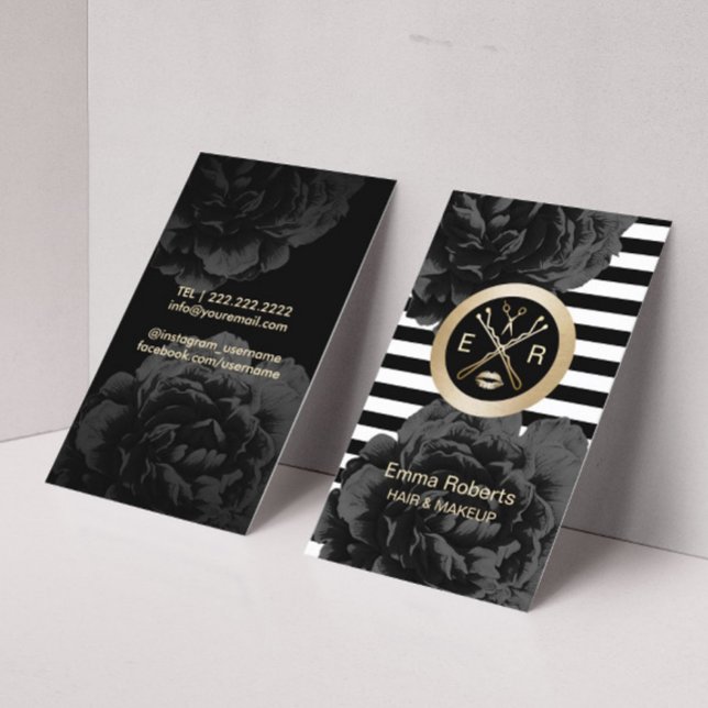 Makeup Artist & Hair Stylist Modern Stripes Floral Visitkort (Skapare uppladdad)