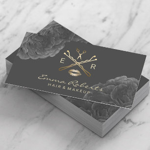 Makeup Artist Hair Stylist Mörk Blommigt Guld Log Visitkort