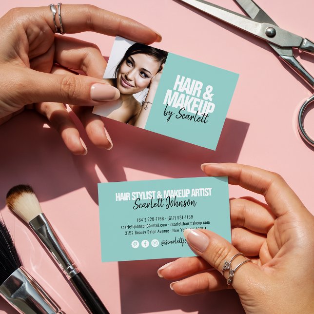 Makeup-artist hårfoto fold script mint blue visitkort (Makeup artist hair photo bold script mint blue)