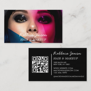 Makeup-artist hårfoto fold script Rosa blue QR Visitkort