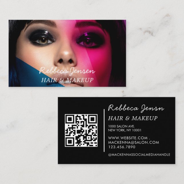 Makeup-artist hårfoto fold script Rosa blue QR Visitkort (Fram/baksida)