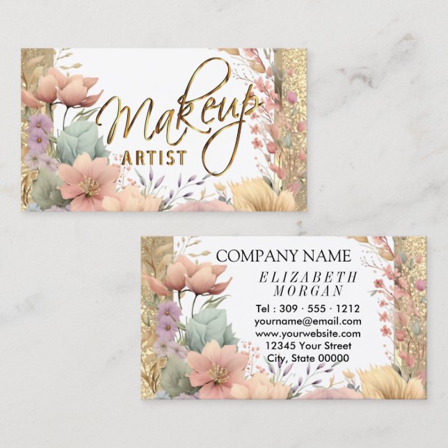 Makeup Artist i Blommigt och Guld Glitter Visitkort (Fram/baksida)