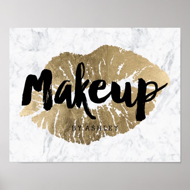 Makeup artist läppar chic guld typography marble poster (Framsidan)