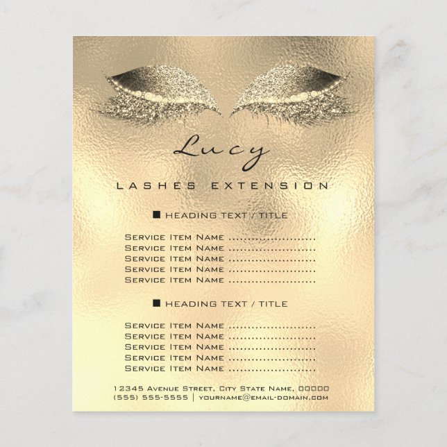 Makeup Artist Lash Glitter 2 Pages Pris List Guld Flygblad (Baksidan)