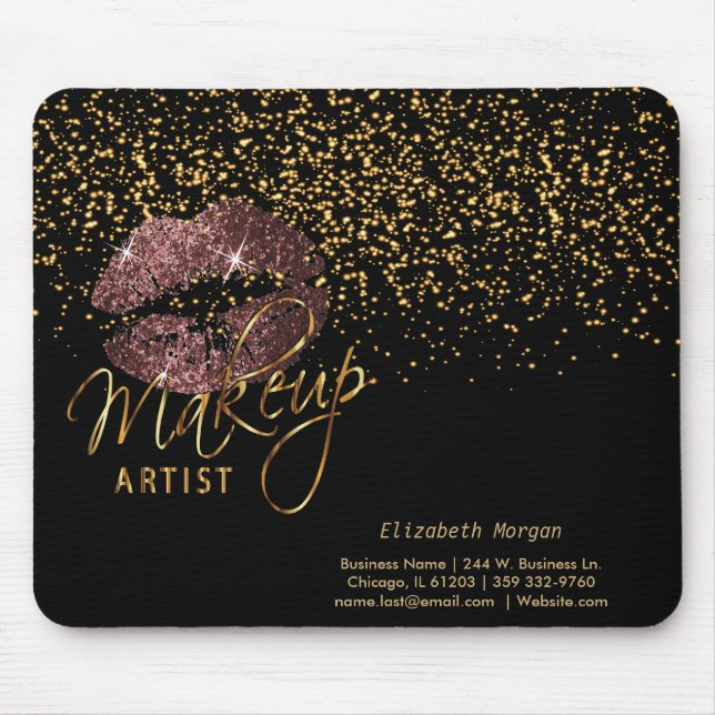 Makeup Artist med Guld Confetti och Mörk Ro Läppar Musmatta (Framsidan)