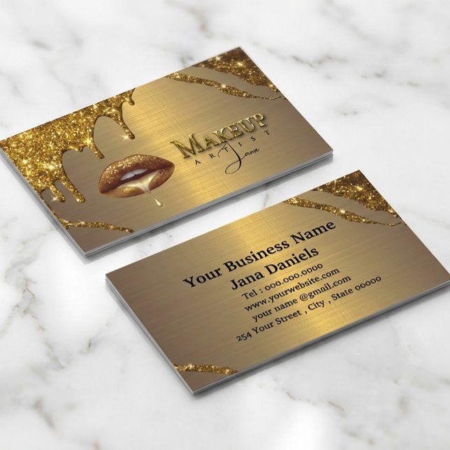 Makeup-artist med Guld-Läppar Visitkort (#makeupartistcard#goldbusinesscard#glitterdesign#luxurybusinesscard#makeupbrand#beautybranding
)