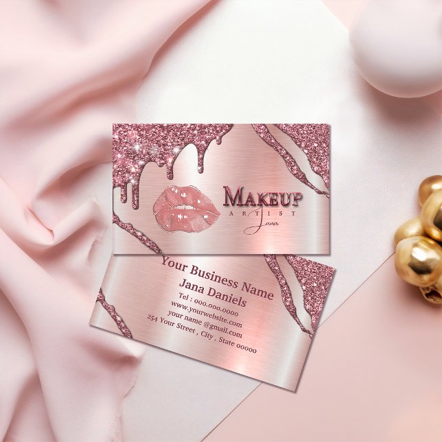 Makeup Artist med Ro Guld-Läppar Visitkort (Makeup Artist With Rose Gold Dripping Lips Business Card #makeupartistbusinesscard #rosegoldglitter)