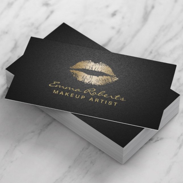 Makeup Artist Modern Guld Läppar Elegant Black Visitkort (Skapare uppladdad)
