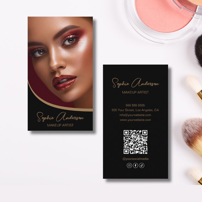 Makeup Artist Modern Script Black och Guld Visitkort (Makeup Artist Modern Script Black and Gold Business Card)