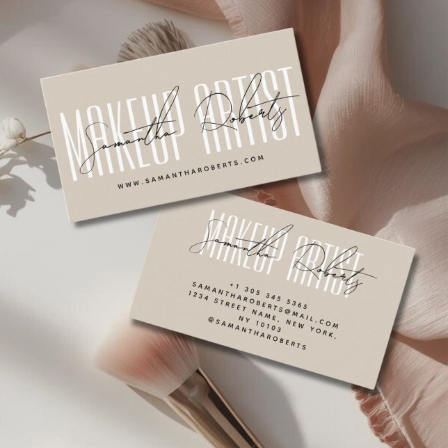 Makeup artist modern typography script beige visitkort (Skapare uppladdad)