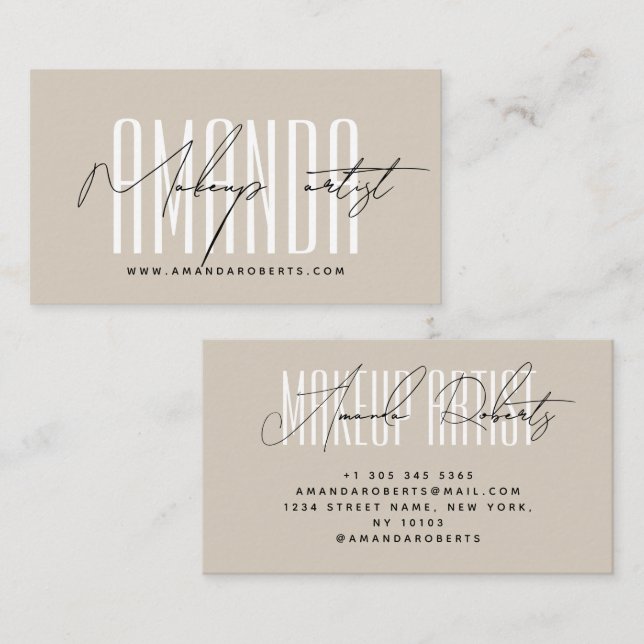 Makeup artist modern typography script beige visitkort (Fram/baksida)