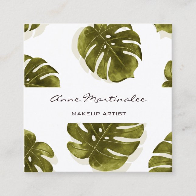 Makeup Artist Monstera Löv Square Affärskort Fyrkantigt Visitkort (Framsida)
