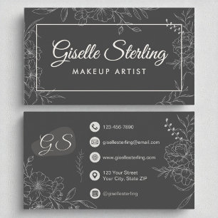 Makeup Artist Moody Charcol Grått Blommigt Modern Visitkort