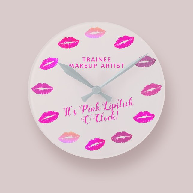Makeup Artist MUA Rosa Lipstick Wall Clock Clock Rund Klocka (It's always Pink Lipstick O'Clock!  Just add your Makeup Artist name or Business Name)